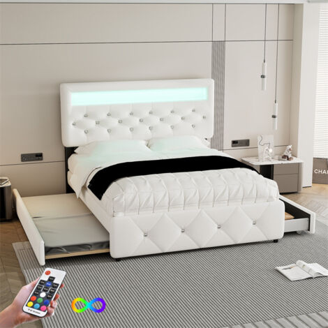 Lit gigogne capitonné 140x200cm+90x200cm, lit double plateforme avec 2 tiroirs, table de lit avec barre lumineuse, blanc