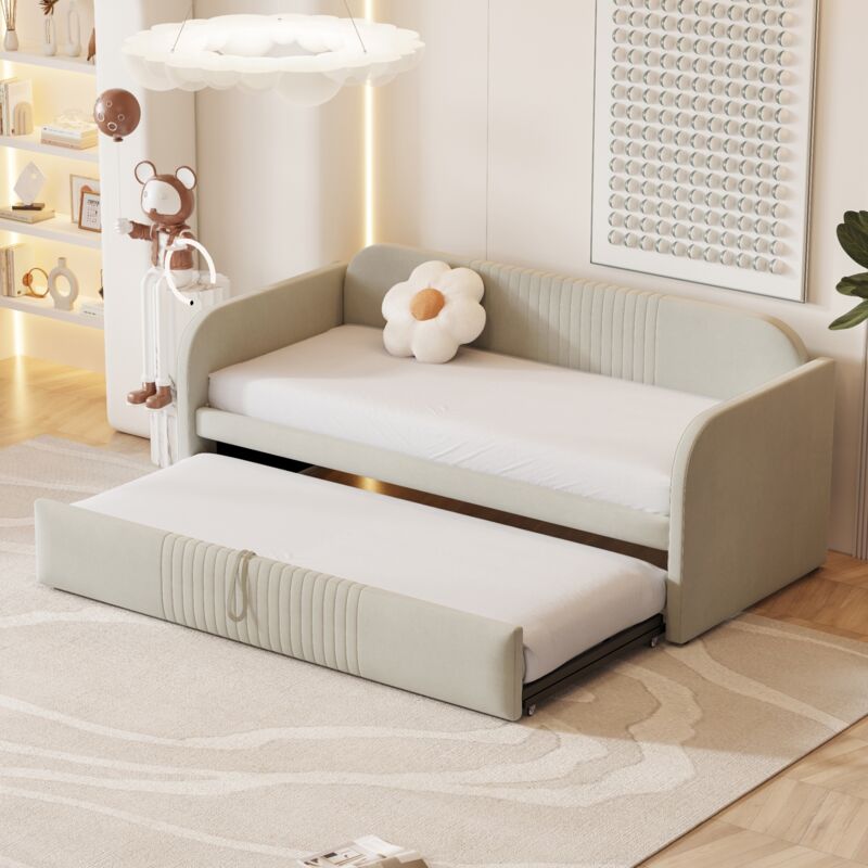 Tanant - Lit gigogne 90x190 cm - sommier à lattes, canapé-lit gigogne, lit multifonction, Scandinave, Tissu, Beige