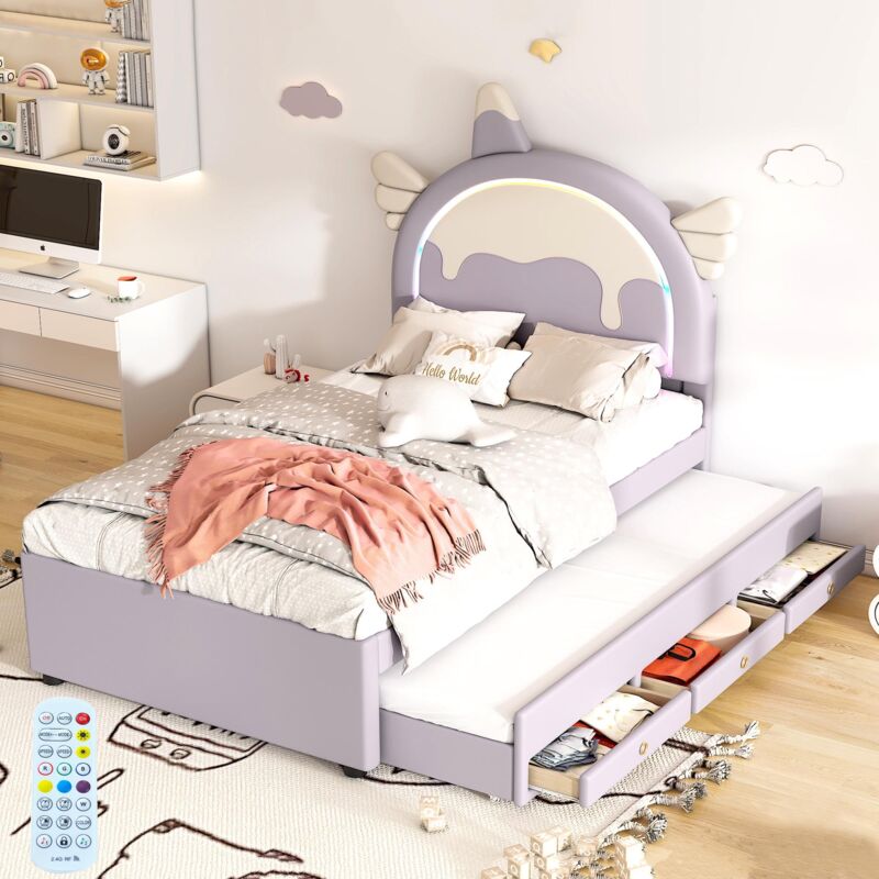 Dans Les Nuages - Lit gigogne capitonné 90x200 cm / 90x190 cm, avec Tête de lit en forme de licorne, 3 tiroirs, sommier à lattes, tissu similicuir,