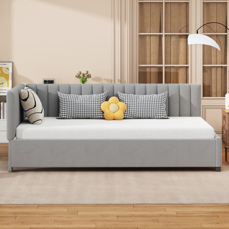 Tanant - Lit gigogne capitonné 90x200cm, canapé-lit, sommier à lattes, lit simple, velours, Gris