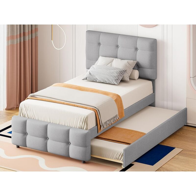 Lit gigogne capitonné 90x200cm - tête de lit réglable - tissu en lin - Gris