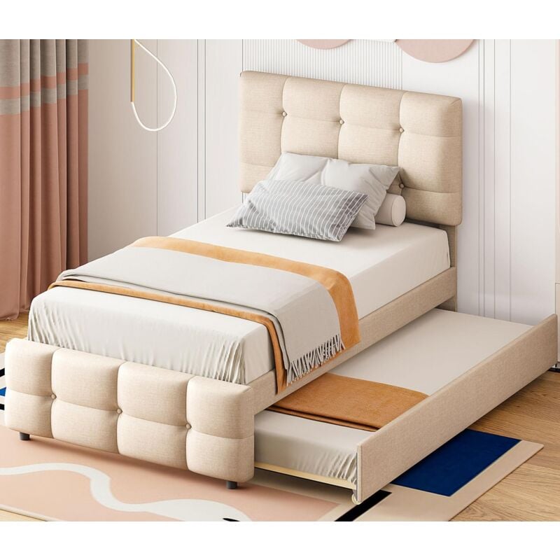 Modernluxe - Lit gigogne capitonné 90x200cm - tête de lit réglable - tissu en lin - Beige