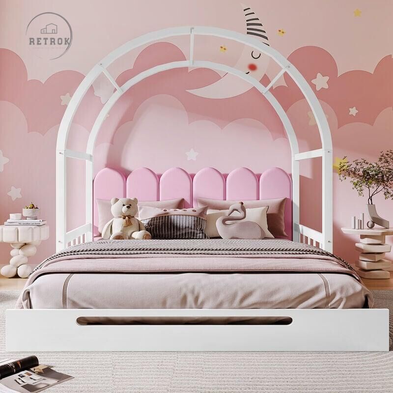 Retrok - Lit gigogne d'enfant 140x100cm&140x200cm - lit en bois extensible lit coulissant, coussins en velours - blanc + rose