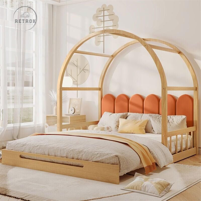 Lit gigogne d'enfant 140x100cm&140x200cm - lit en bois extensible lit coulissant, coussins en velours - naturel et orange