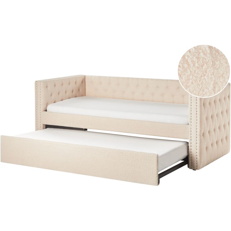 Lit Gigogne en Bouclé 90 x 200 cm Cadre à Lattes Capitonné Beige Gassin