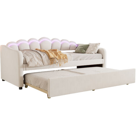 Lit gigogne en velours beige 90x200 cm avec LED d’ambiance, sommier à lattes inclus