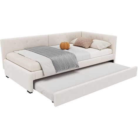 Lit gigogne en velours beige 90x200 cm avec sommier à lattes, cadre MDF, sans matelas