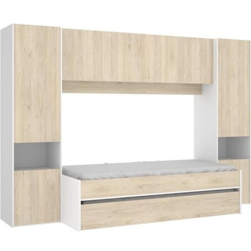 Lit gigogne enfant 90x190 cm avec tiroir de rangement – Design blanc et chêne – Charge max 75 kg – Montage facile inclus – Dekit