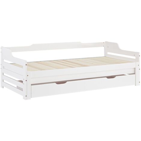 Lit gigogne enfant avec sommier à lattes 90x200 en bois blanc avec tiroir de rangement LIT06250