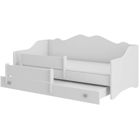Lit gigogne enfant bois blanc 80x160 petit coeur rose Vekly