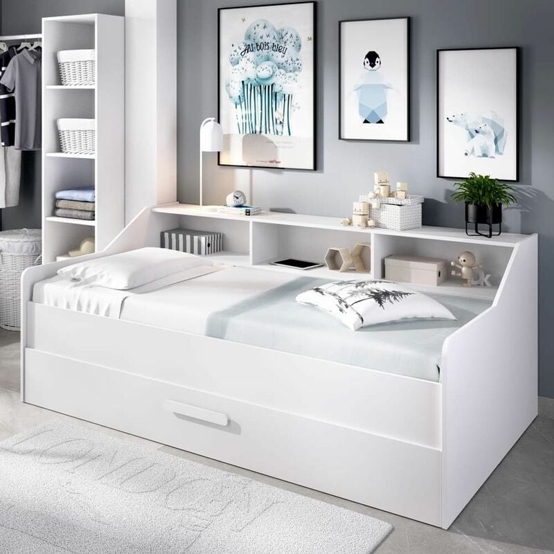 Lit gigogne enfant compact blanc Drag avec 1 et étagère Blanc 194,3 x 77,5 x 119,2 cm - Blanc