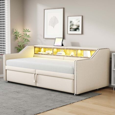 Lit gigogne extensible 90/180 x 200 cm, compartiment de rangement, éclairage LED et prise USB, beige