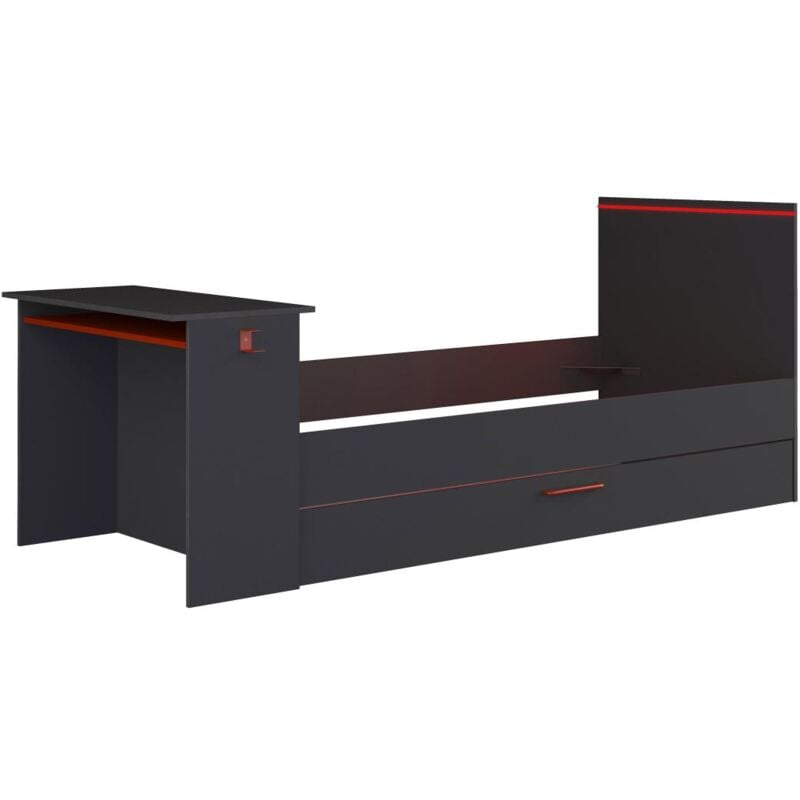 Vente-unique - Lit gigogne gamer 2 x 90 x 200 cm - Avec bureau - LEDs - Anthracite et rouge - vouani
