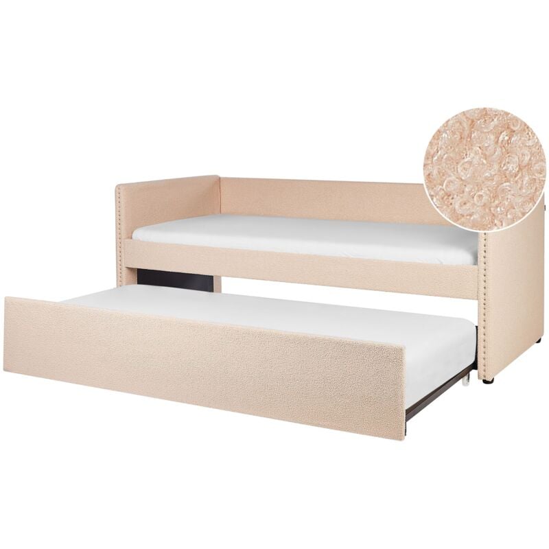 Lit Gigogne Glamour Banquette à Lattes 90 x 200 cm en Tissu Bouclé Rose Pêche Troyes