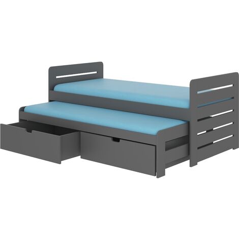 Lit gigogne gris graphite 2 couchages 90x200 avec 2 coffres de rangement Balina