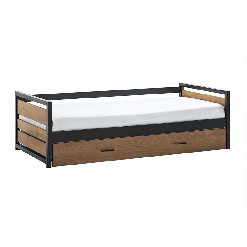 Vente-unique - Lit gigogne industriel boston - 2 x 90 x 190 cm - mdf, Pin et métal - Coloris : Noyer et anthracite
