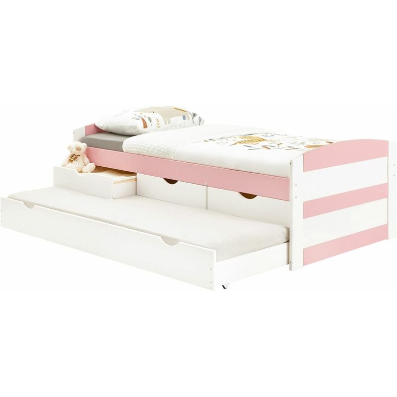 Idimex - Lit gigogne avec rangements jessy, 90 x 190 cm en pin massif lasuré blanc et rose
