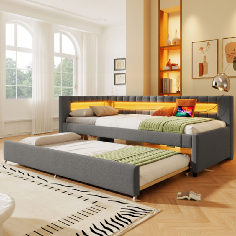 Lit gigogne, lit 90x200 cm, lit baquette 2 places avec LED, tiroir , ports USB et type-c, gris lin, sans matelas