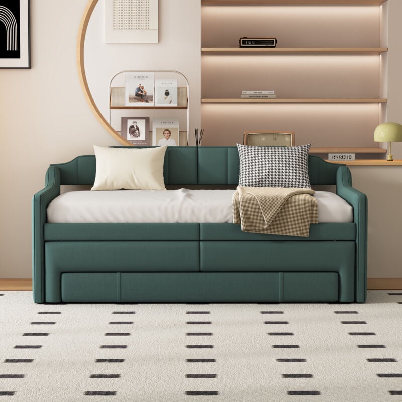 Lit gigogne Lit adulte simple 90 x 200 avec conteneur roulant et tiroirs, vert