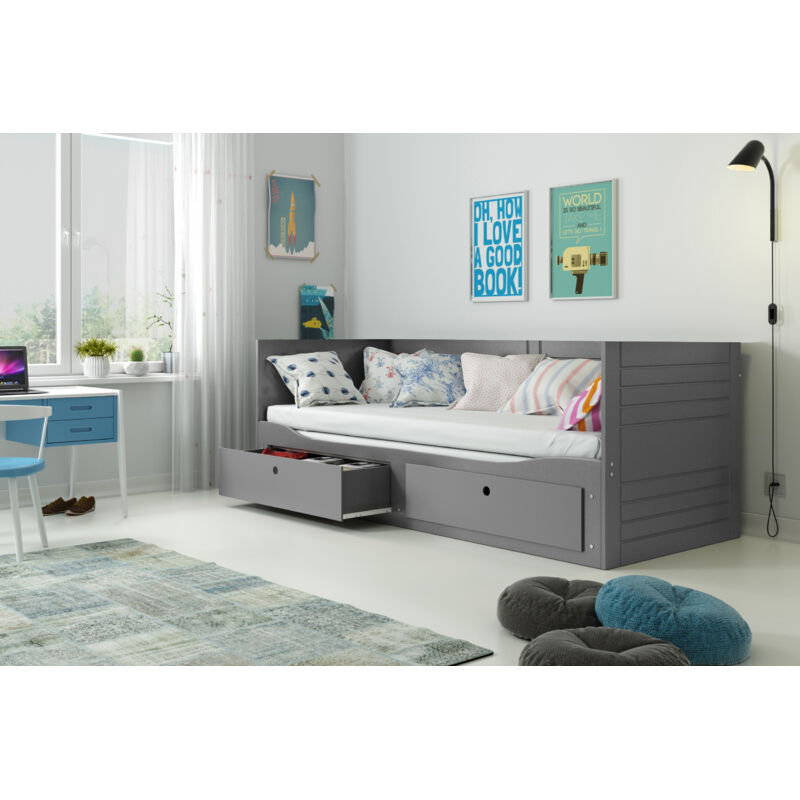 Interbeds - Lit gigogne-Lit banquette- hermes- 80 x 160/200 cm Sommier-2 places- Tiroirs-Sans matelas (gris)