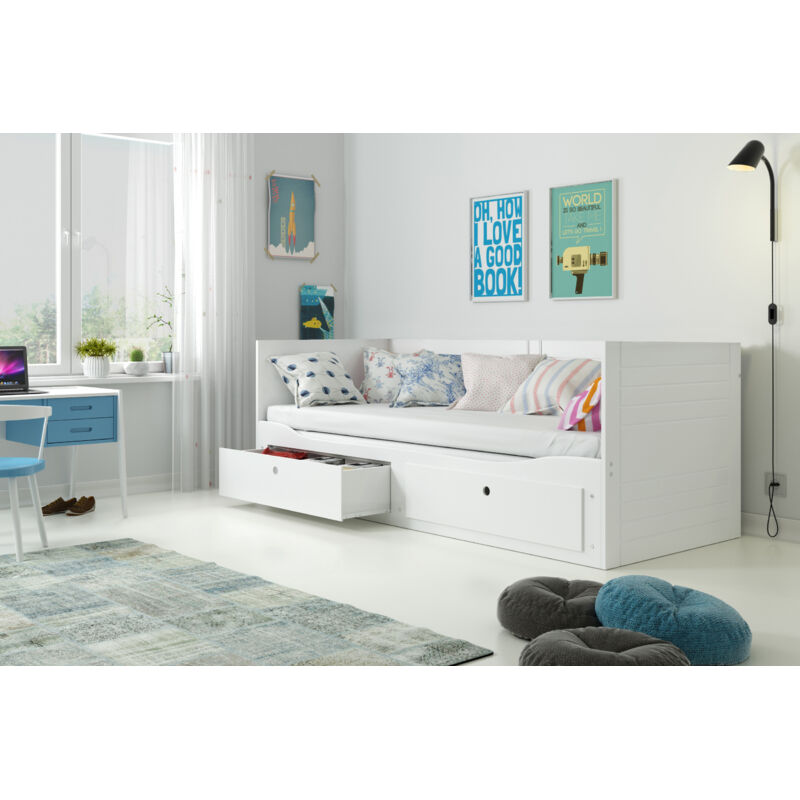 Interbeds - Lit gigogne-Lit banquette- hermes- 80 x 160/200 cm Sommier-2 places- Tiroirs-Sans matelas (blanc)
