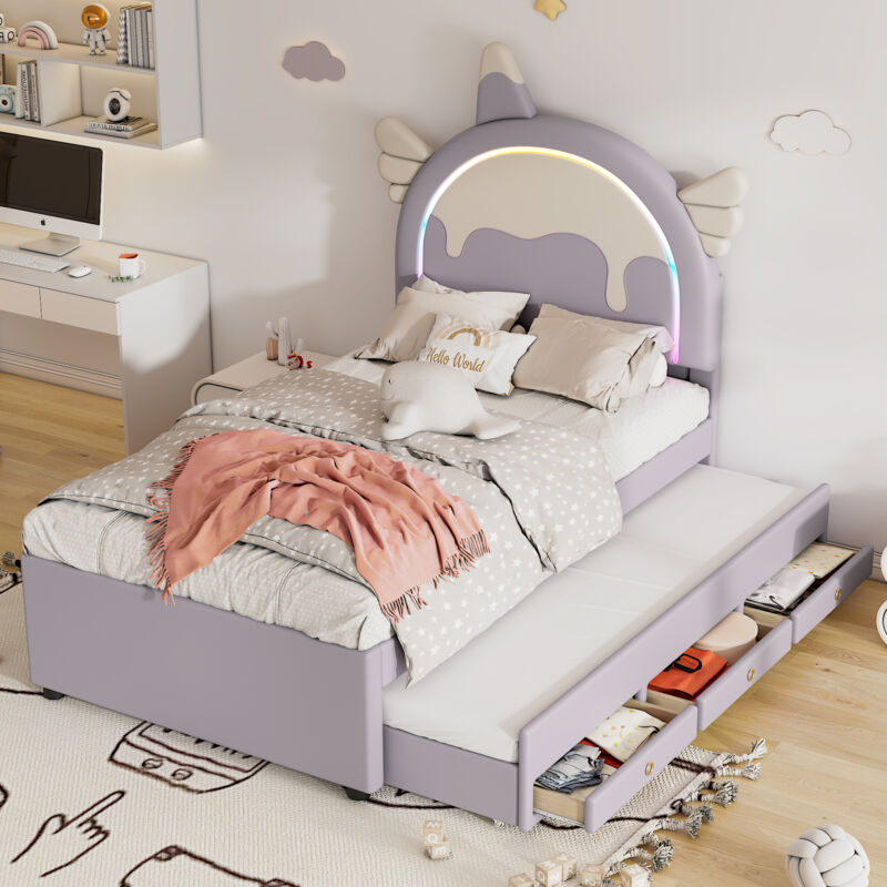 lit gigogne-lit enfant dessin animé 90200 cm, forme licorne, équipé d'un lit gigogne gigogne, matériau pu, violet