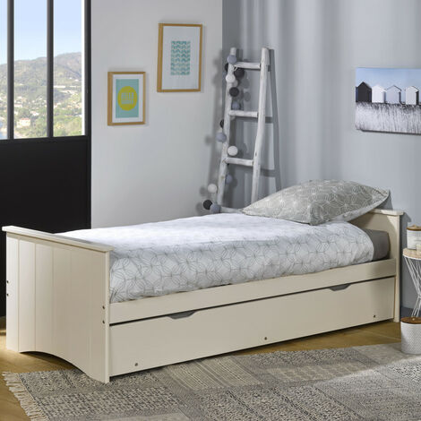 Lit gigogne + matelas 80x190 bois perle - Blanc
