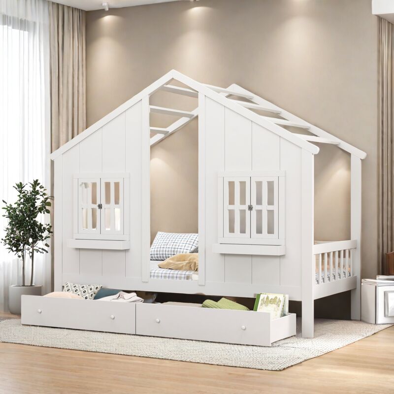 Sureh - Lit enfant 90x200 cm avec tiroirs,lit fille avec rangement,lit cabane enfant,décor fenêtre et toit,barrière de lit haute,cadre de lit avec