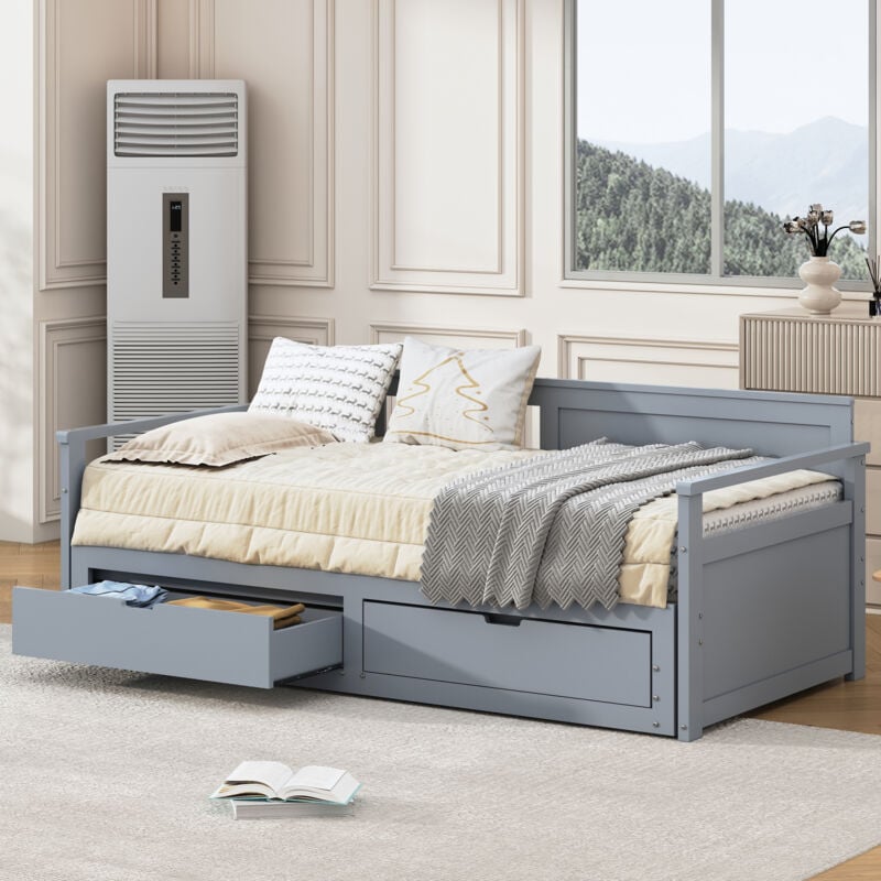 Modernluxe - Lit gigogne 90/180x190cm en bois massif - 2 tiroirs à roulettes - Gris