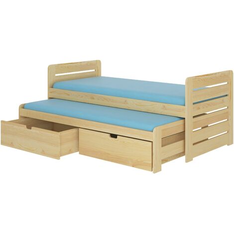 Lit gigogne pin vernis naturel 2 couchages 90x200 avec 2 coffres de rangement Balina