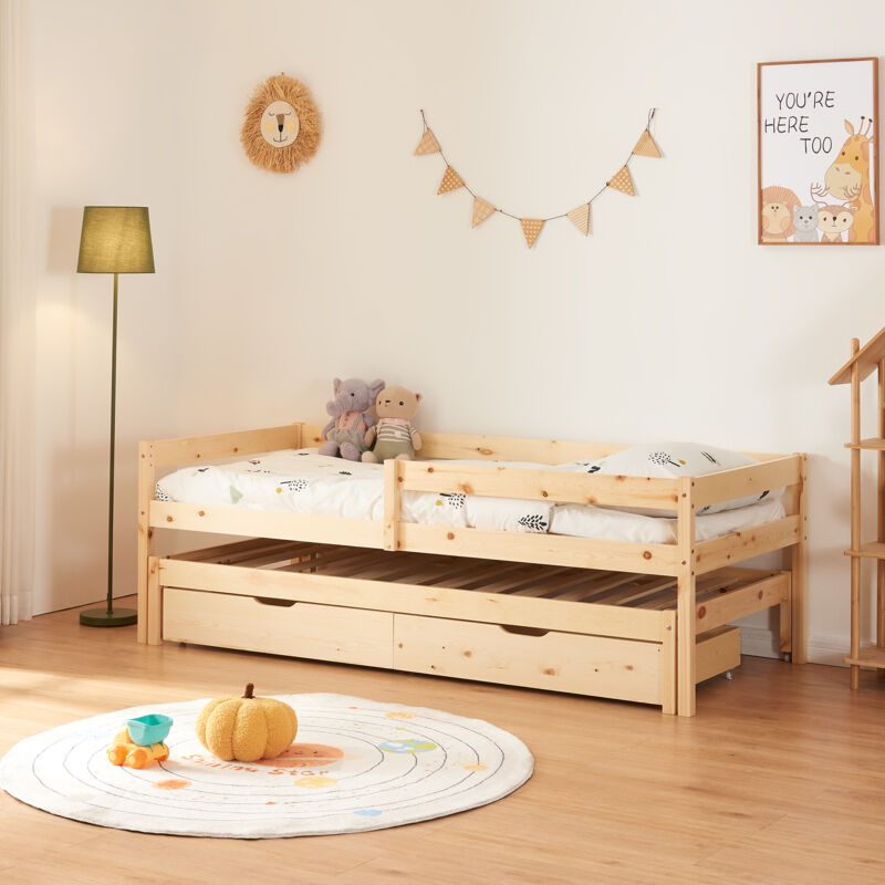 [en.casa] - Lit gigogne pour enfant Sonkajärvi avec 2 tiroirs bois de pin 90 x 200 cm naturel