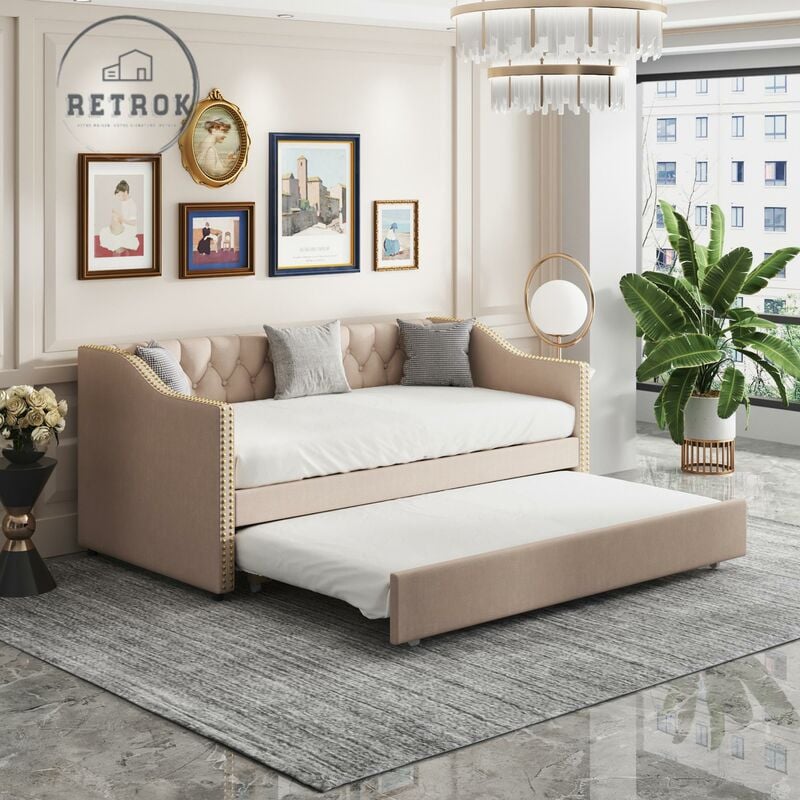 Lit gigogne rembourré 90x200cm - Canapé-lit extensible Tissu en lin Lit d'enfant Lit d'invité - Beige