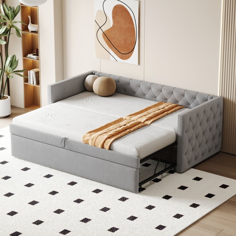 Modernluxe - Lit gigogne rembourré en velours - 90/180x200 cm - avec sommier à lattes - Gris clair