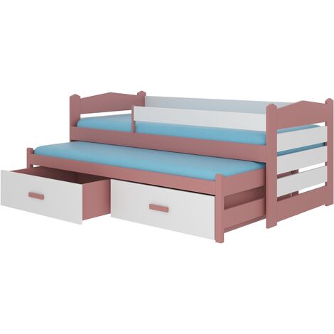 Lit gigogne rose et blanc 2 couchages 90x200 avec 2 coffres de rangement Kuska