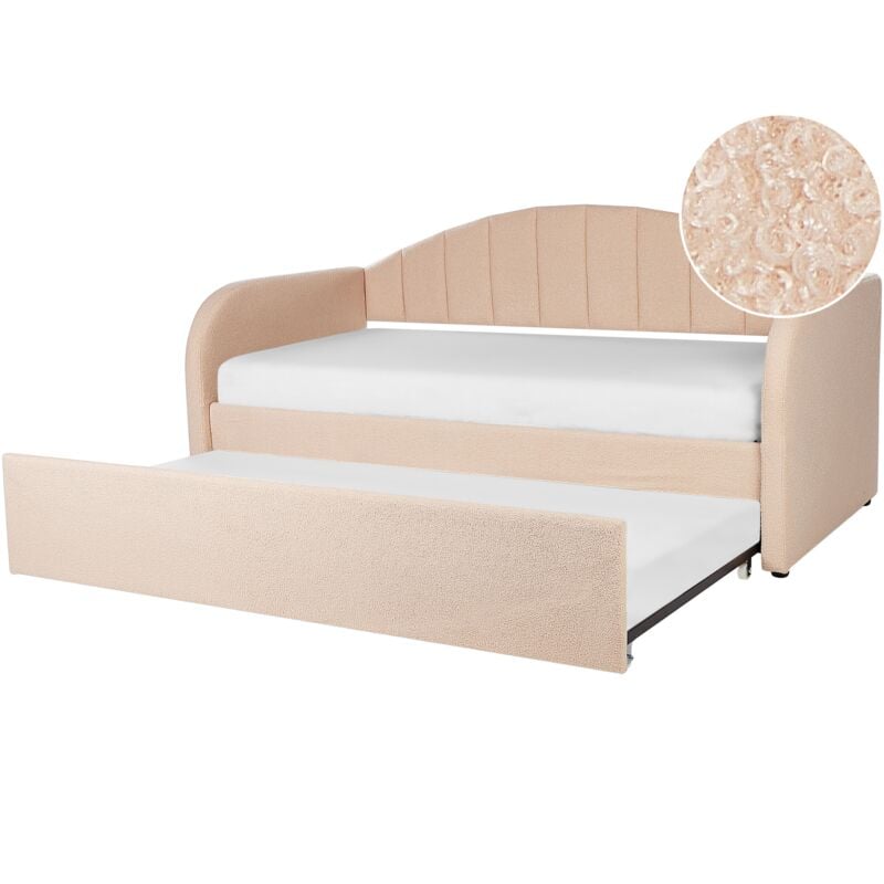 Lit Gigogne Simple avec Sommier à Lattes 90 x 200 cm Rembourré en Tissu Bouclé Rose Pêche Eyburie