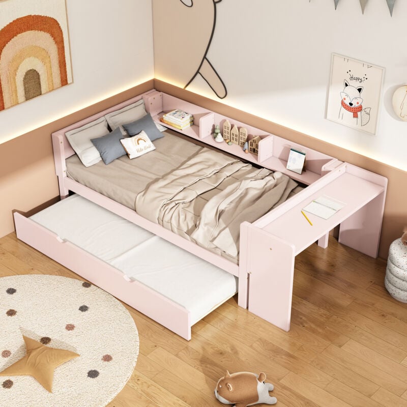 Modfu - Lit gigogne simple enfant avec bureau et étagère, en bois, sans matelas, 90x200cm (90x180cm) rose
