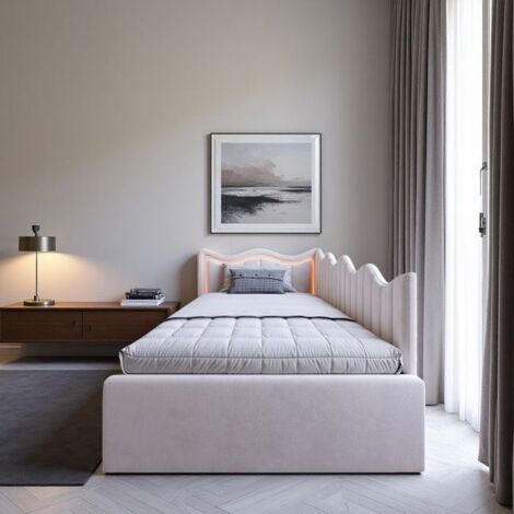 Lit gigogne - Sofá-cama 90x200 - LED regulable 7 colores - Terciopelo beige - Somier de lamas