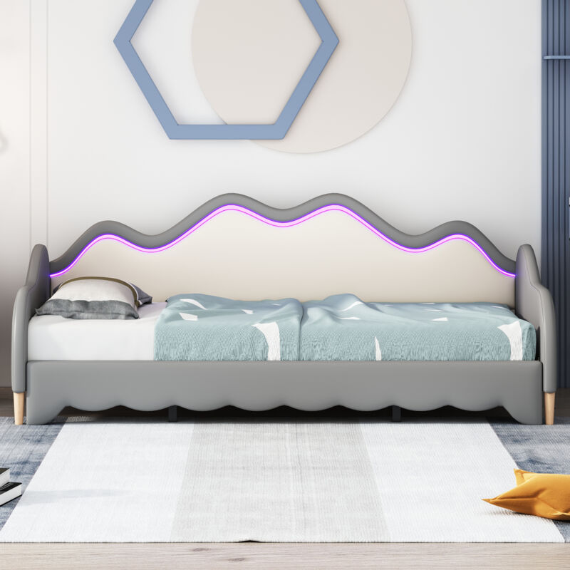 Modernluxe - Lit gigogne tirable 90(180)x190 cm - en similicuir - avec éclairage led et sommier à lattes - Gris