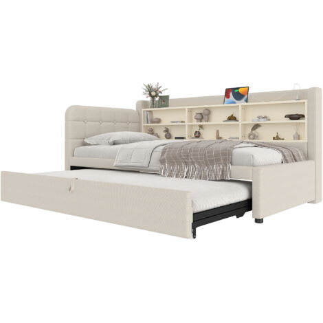Lit gigogne tissu lin beige 90x200 cm avec sommier à lattes, ports USB/Type-C et rangements