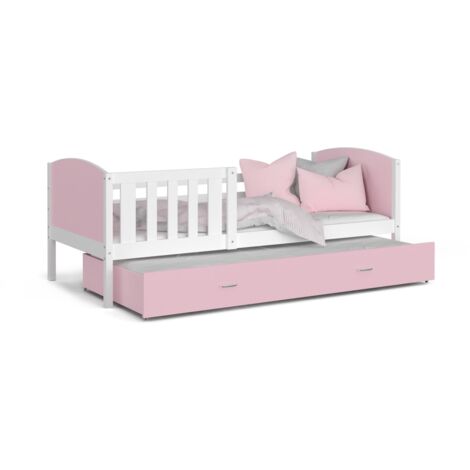 Lit Gigogne Tomy 90x190 matelas inclus Blanc - rose