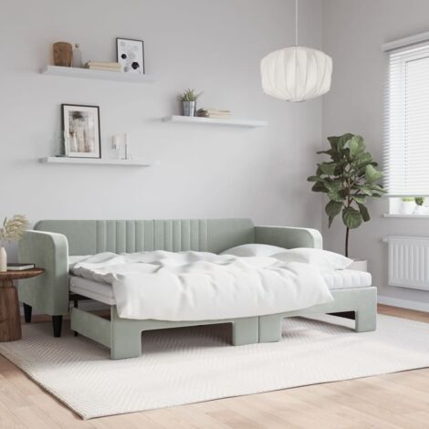Lit gigogne，Lit Adulte，Lit de jour avec gigogne et matelas gris clair 80x200cm velours CIV661044