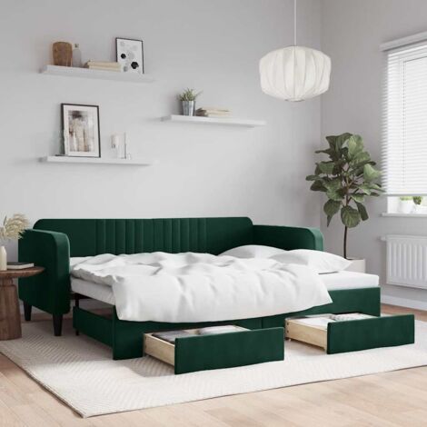 Lit gigogne，Lit Adulte，Lit de jour avec gigogne et tiroirs vert foncé 90x200cm velours CIV115889