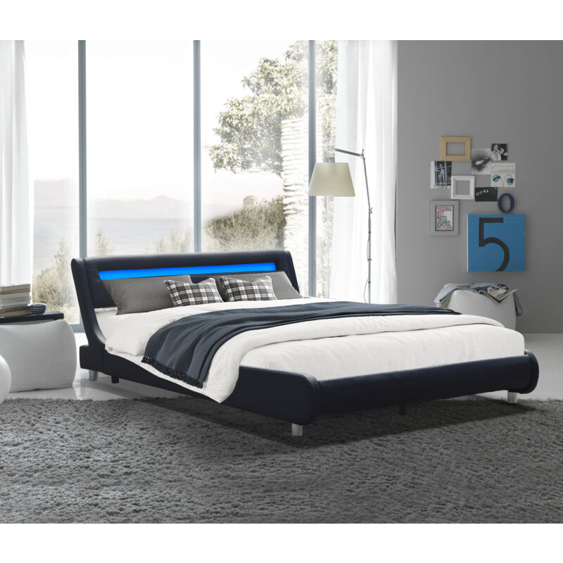 Nuits D'or - Lit gina pour matelas 120x190 - Sommier + Tête de Lit Incurvee Couleur noir + Pieds en 5 cm - 2 x 13 Lattes - revetement pvc Simili