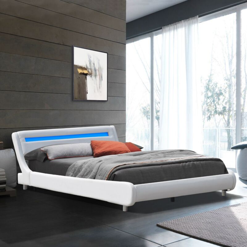 Nuits D'or - Lit gina pour matelas 120x190 - Sommier + Tête de Lit Incurvee Couleur blanc + Pieds en 5 cm - 2 x 13 Lattes - revetement pvc Simili