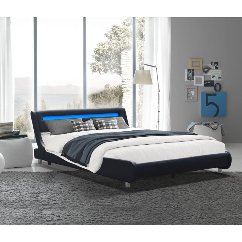 Lit gina pour matelas 140x190 - Sommier + Tête de Lit Incurvee Couleur noir + Pieds en 5 cm - 2 x 13 Lattes - revetement pvc Simili facile