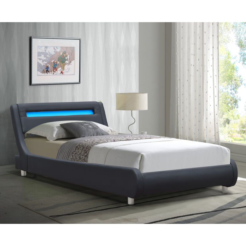 Lit gina pour matelas 90x190 - Sommier + Tête de Lit Incurvee Couleur noir + Pieds en 5 cm - 13 Lattes - revetement pvc Simili facile d'entretien