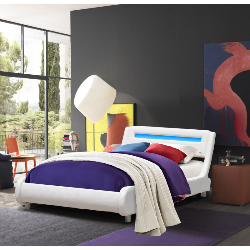 Lit gina pour matelas 90x200 - Sommier + Tête de Lit Incurvee Couleur blanc + Pieds en 5 cm - 13 Lattes - revetement pvc Simili facile d'entretien