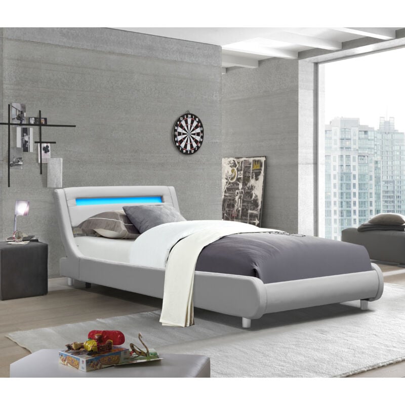 King Of Dreams - Lit gina pour matelas 90x190 - Sommier + Tête de Lit Incurvee Couleur gris + Pieds en 5 cm - 13 Lattes - revetement pvc Simili