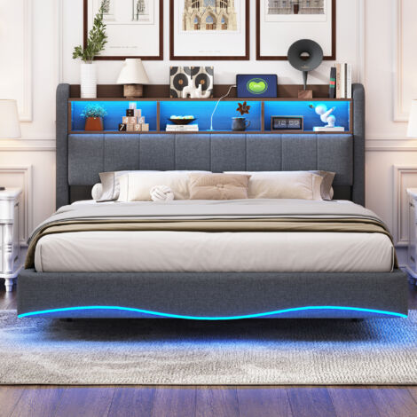 Lit hamac pour adulte, design suspendu, avec éclairage LED, ports USB et Type-C, tissu en lin, gris - 160 x 200 cm