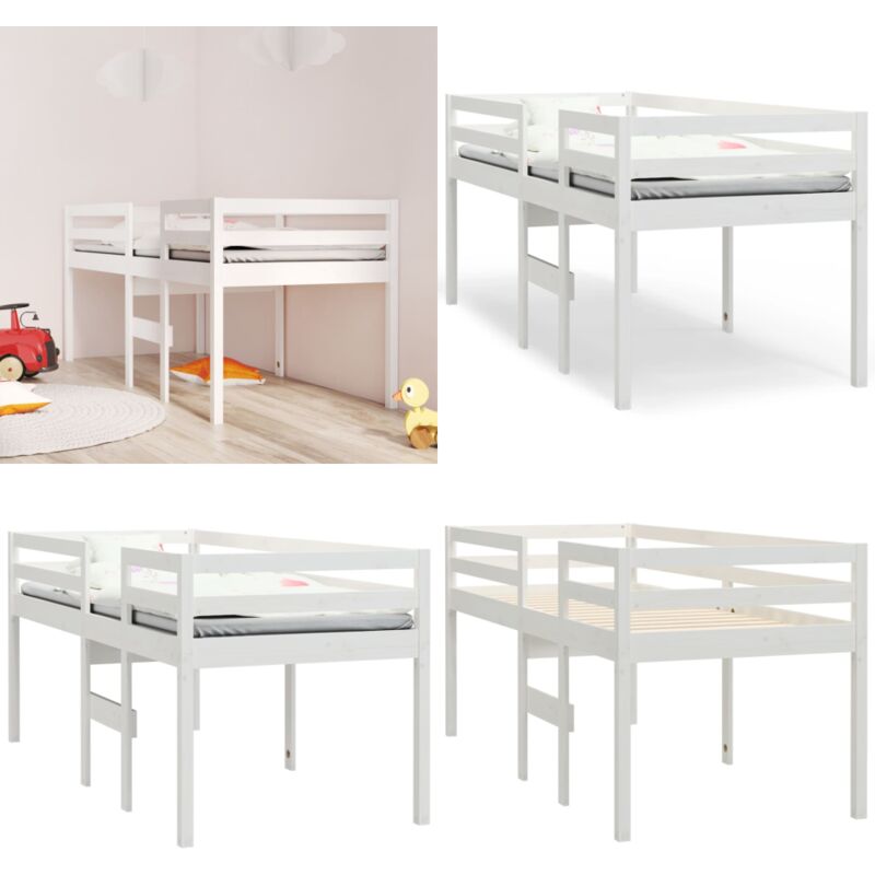 Lit haut sans matelas blanc 80x200 cm bois de pin massif - Lit Enfant - Lit Mezzanine - Lit Superposé - Lit Double Hauteur - Lit Plateforme - Home &